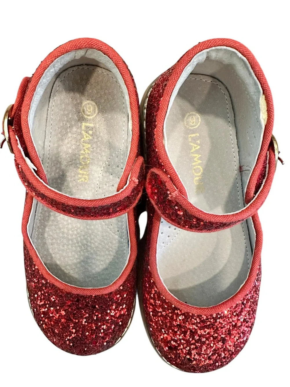 L’AMOUR Girls Red Glitter Mary Jane Shoes with Buckle Strap Size 9